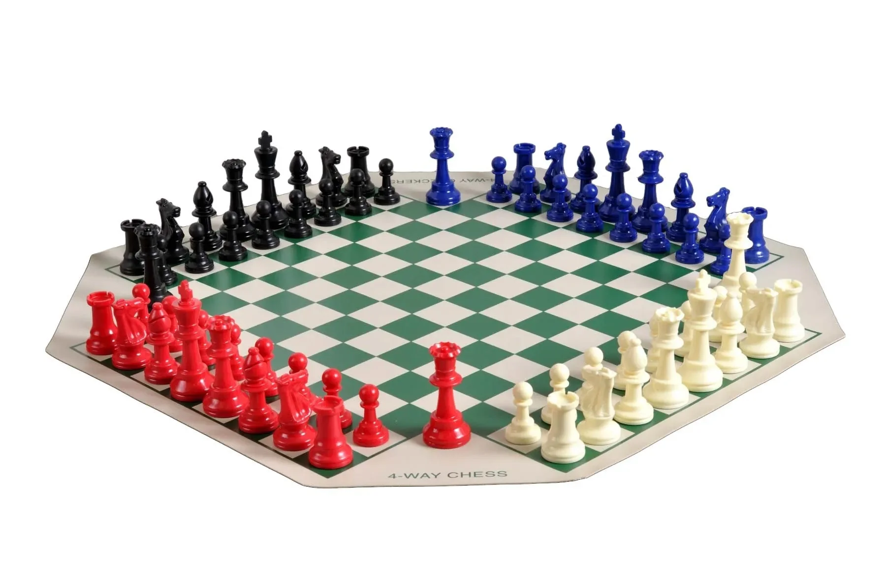 Four Player Chess Set Combination - Single Weighted Regulation Colored Chess Pieces, Four Player Vinyl Chess Board