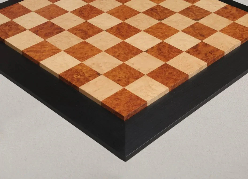 Amboyna Burl, Genuine Ebony & Bird's Eye Maple Custom Contemporary II Chess Board - 2.5" - Image 3