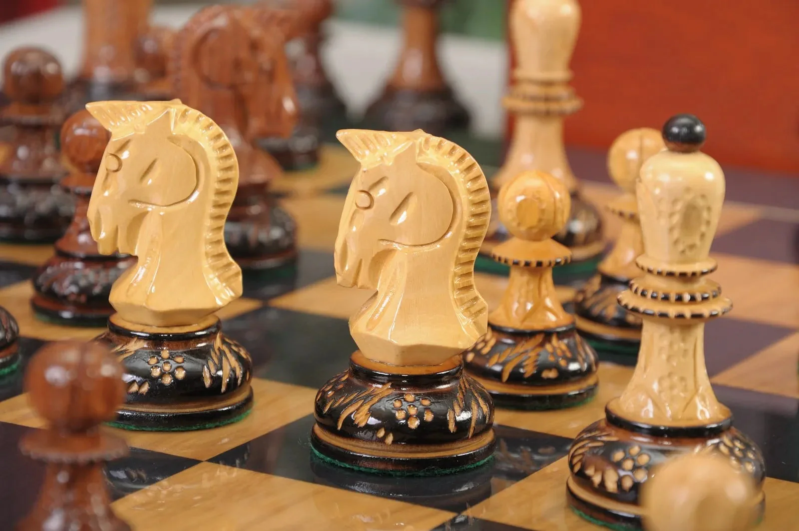 The Burnt Golden Rosewood Dubrovnik Series Chess Set, Box, & Gloss Board Combination - Image 5