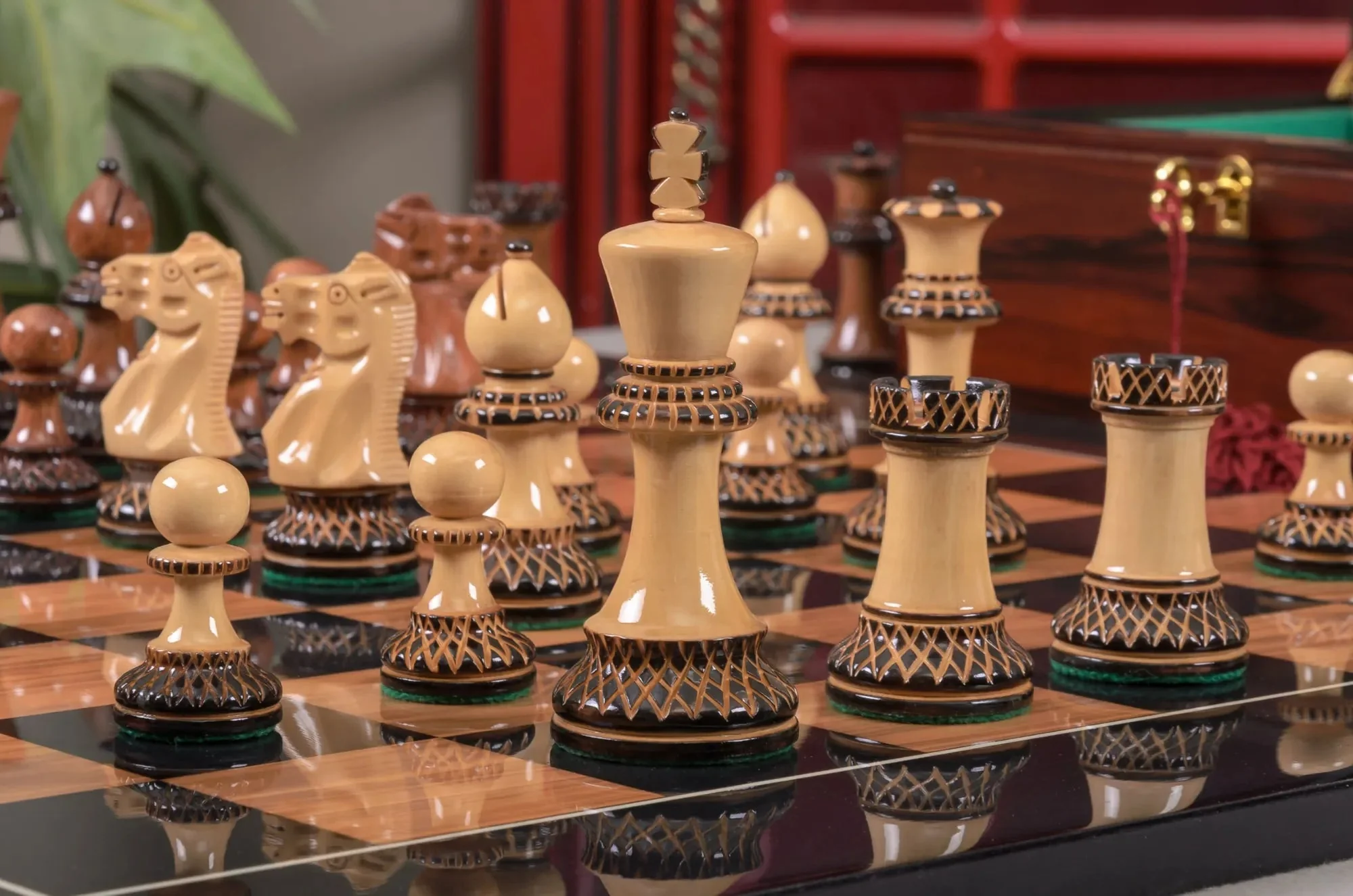 The Burnt Golden Rosewood Grandmaster Series Chess Set, Box, & Gloss Board Combination - Image 3