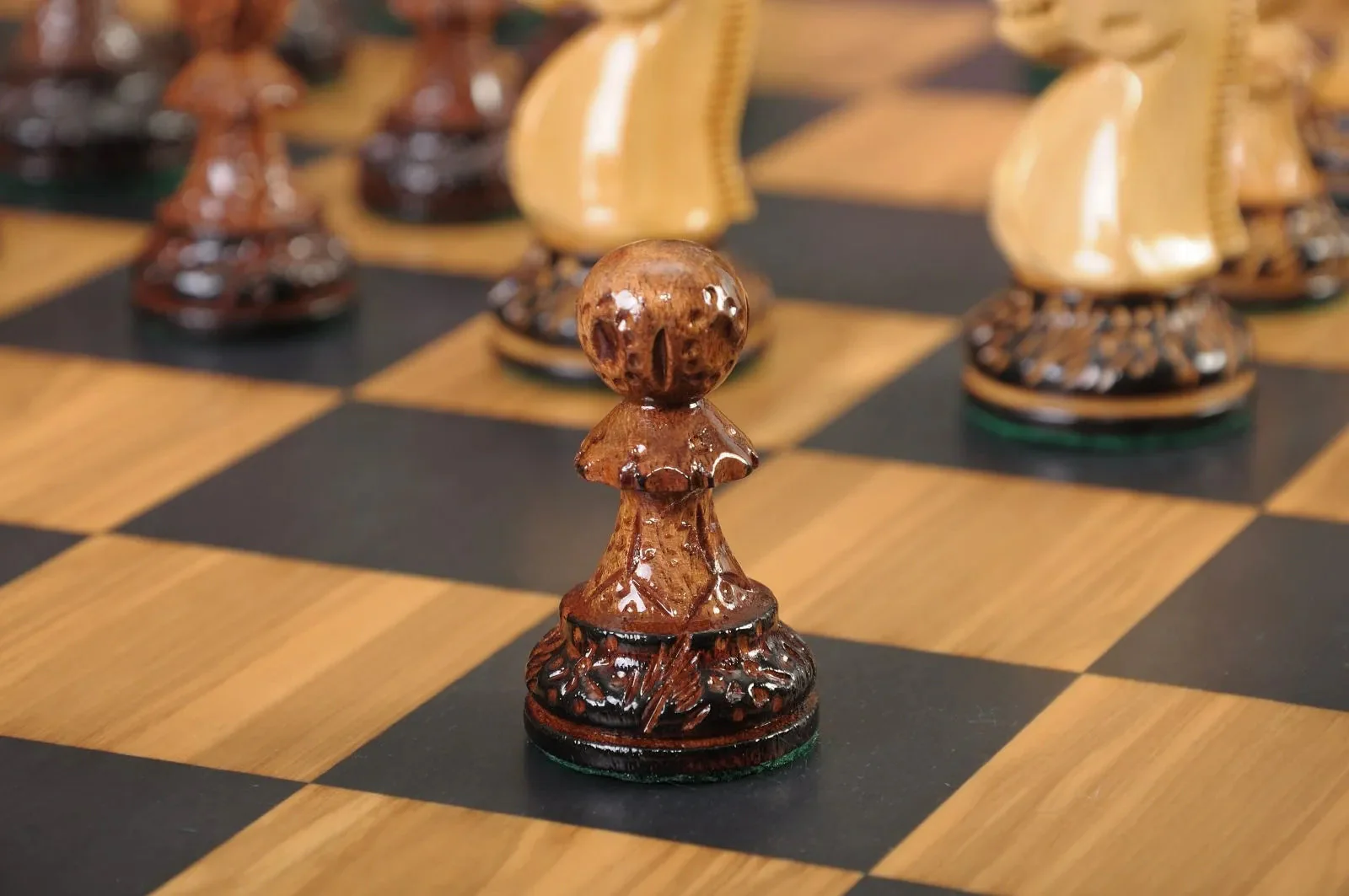 The Burnt Golden Rosewood Reykjavik II Series Chess Set, Box, & Satin Board Combination - Image 6