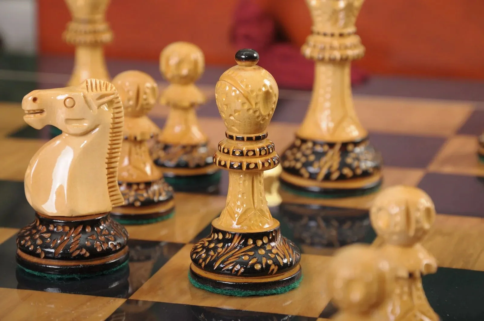 The Burnt Golden Rosewood Reykjavik II Series Chess Set, Box, & Gloss Board Combination - Image 3