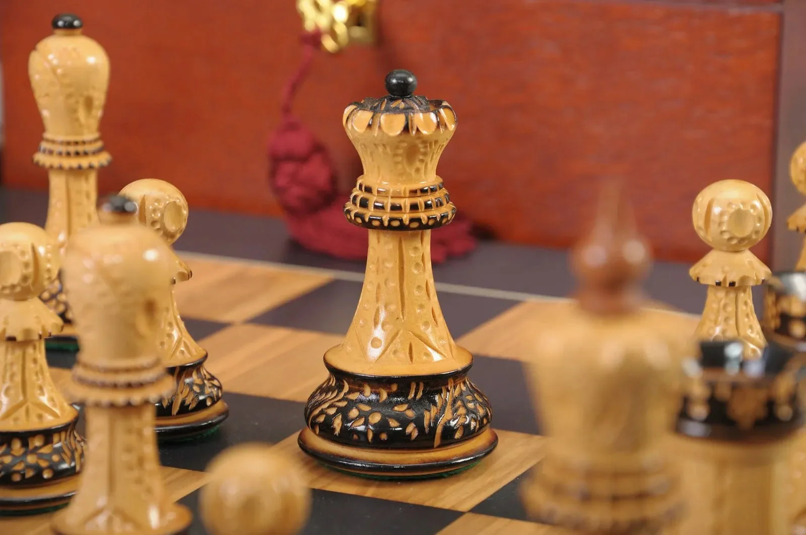 The Burnt Golden Rosewood Zagreb Series Chess Set, Box, & Satin Board Combination - Image 3