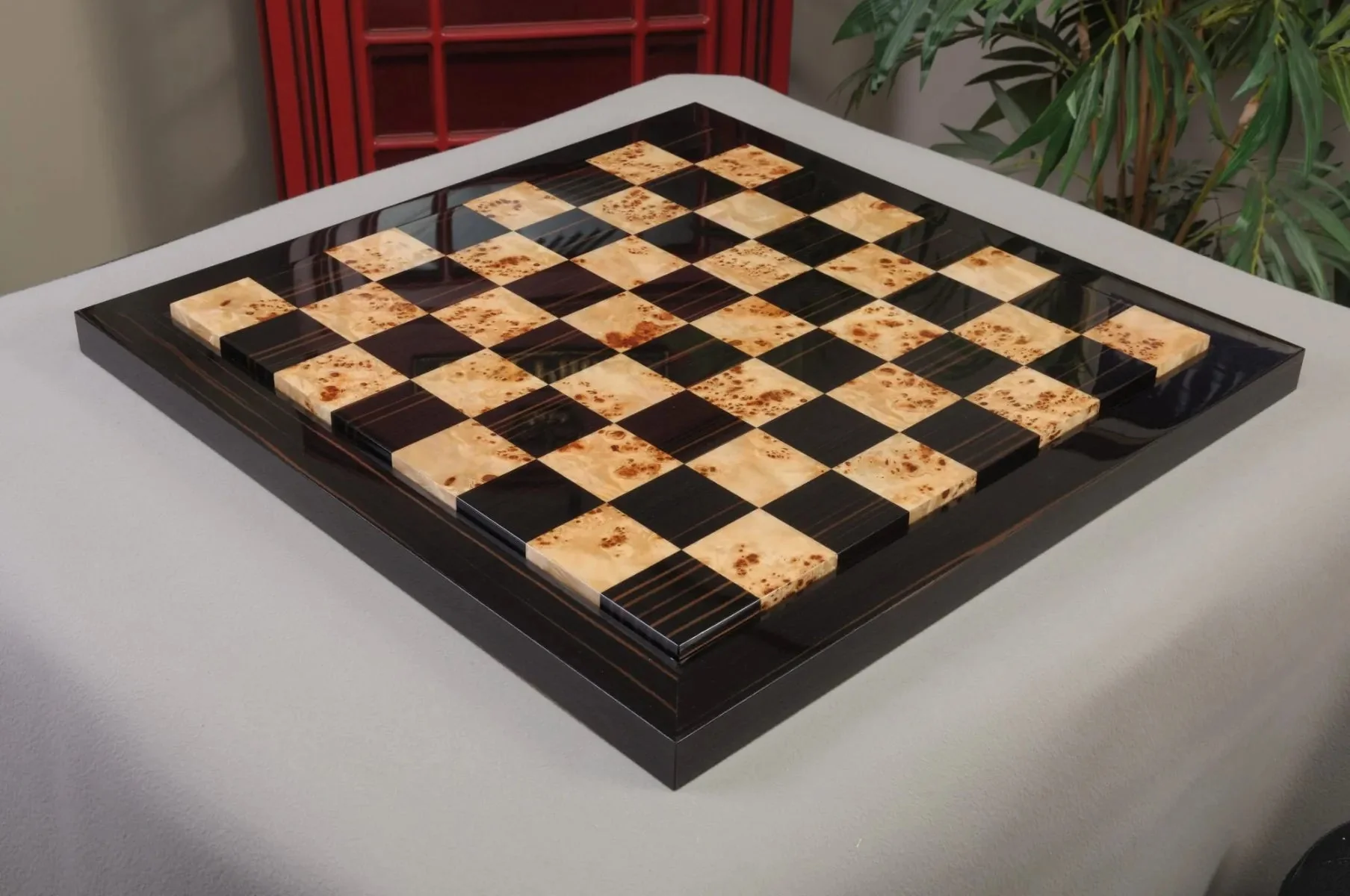 EBONY FRAME - Genuine Ebony & Maple Burl Superior Contemporary Chess Board - Gloss Finish - Image 2
