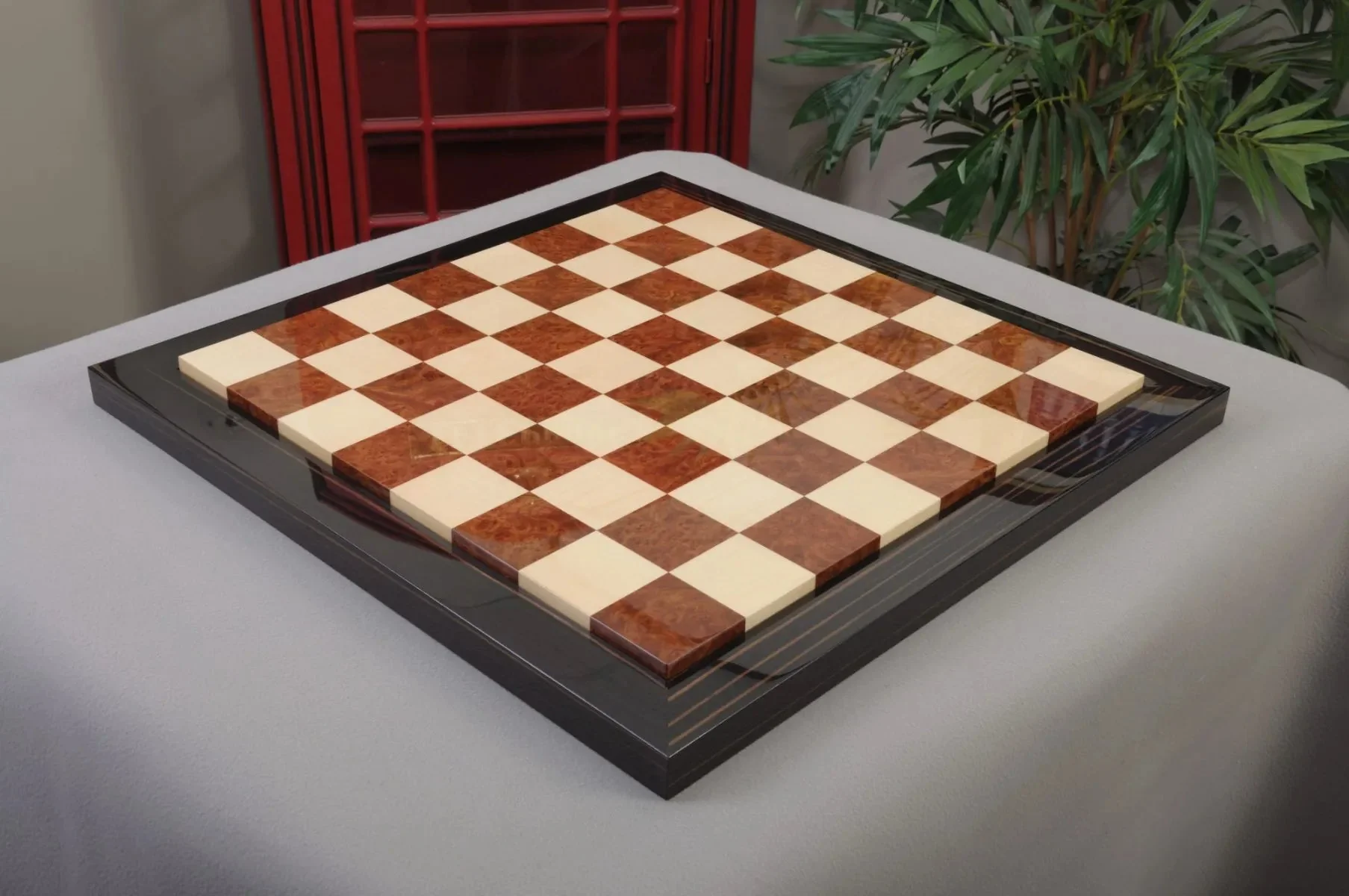 EBONY FRAME - Olmo Burl & Maple Superior Contemporary Chess Board - Gloss Finish - Image 2