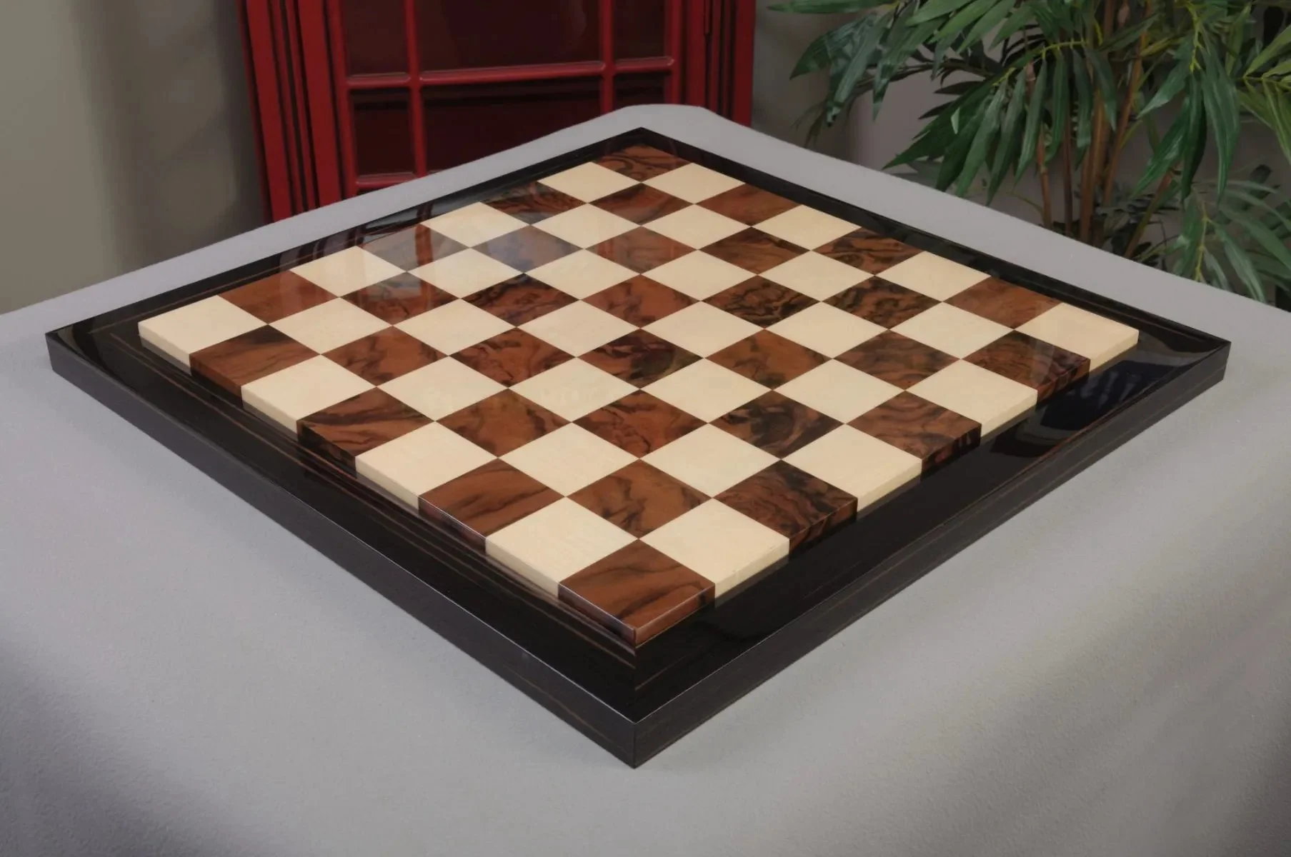 EBONY FRAME - Walnut Burl & Maple Superior Contemporary Chess Board - Gloss Finish - Image 2