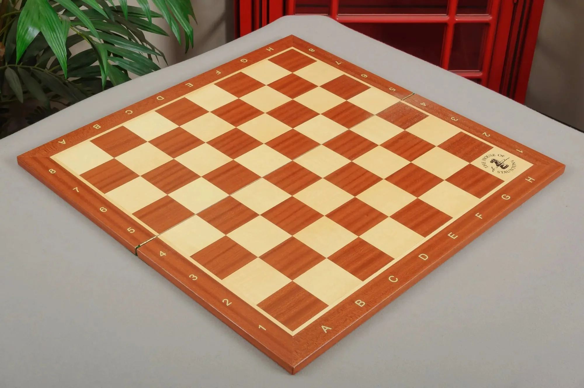 Folding Mahogany and Maple Wooden Chess Board - 2.25" With Notation & Logo - Image 3