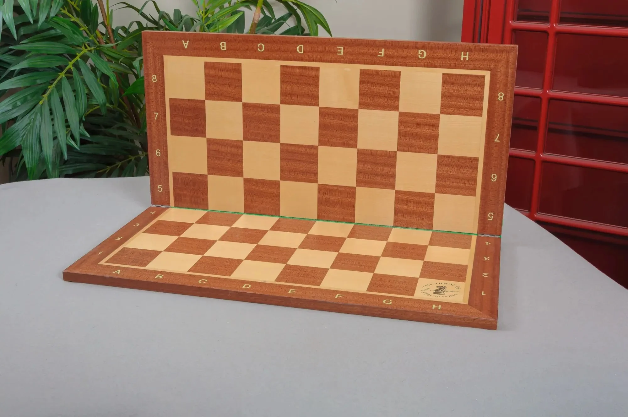 Folding Mahogany and Maple Wooden Chess Board - 2.25" With Notation & Logo - Image 4