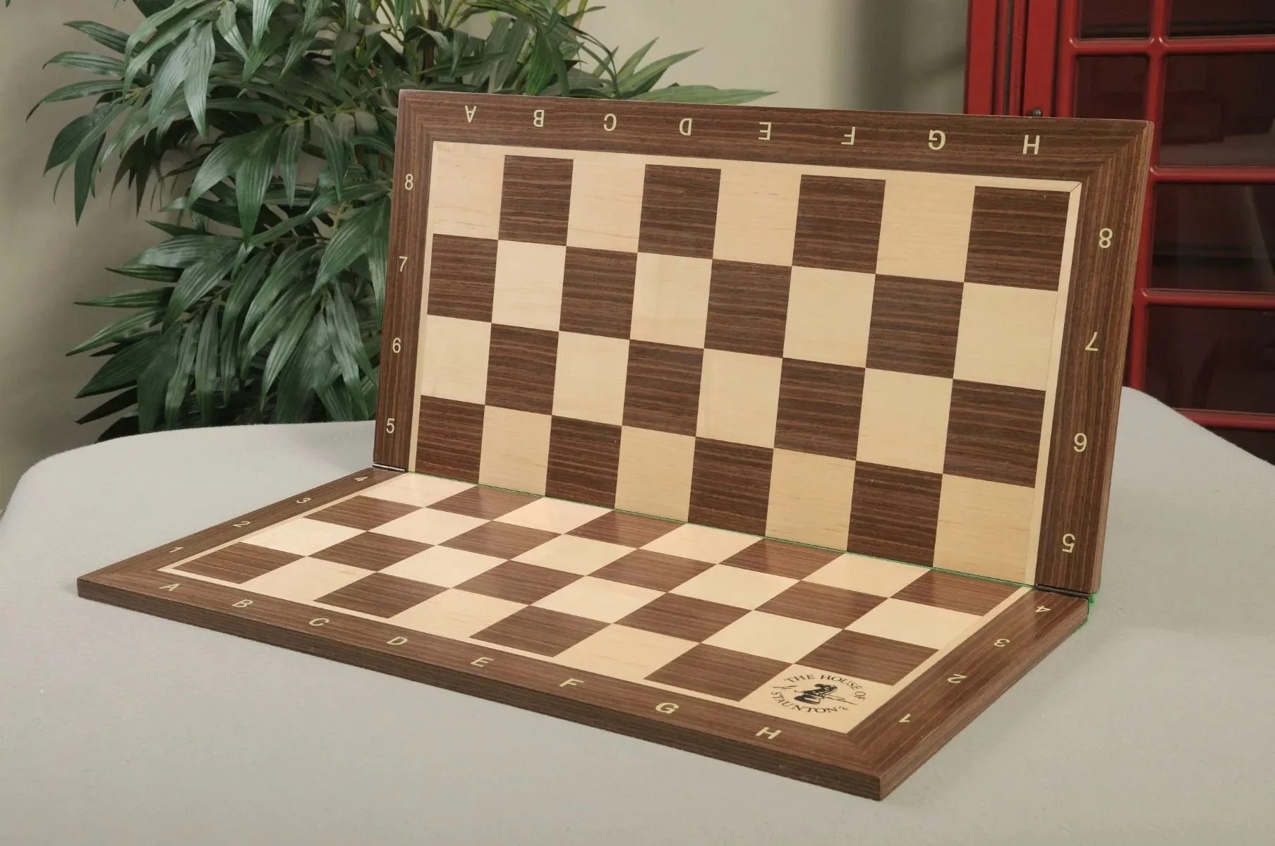 Folding Striped Ebony and Maple Wooden Chess Board - 2.25" With Notation & Logo - Image 3