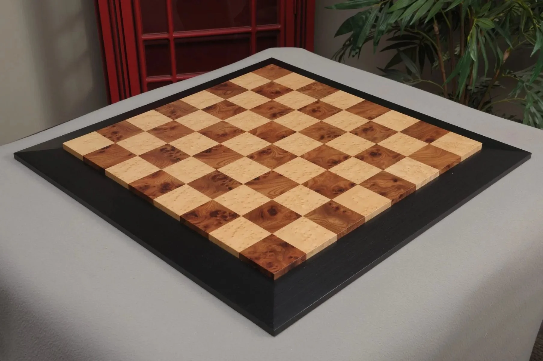 Olmo Burl, Genuine Ebony & Bird's Eye Maple Custom Contemporary II Chess Board - Image 2