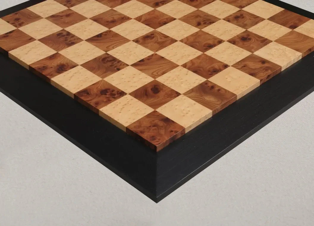 Olmo Burl, Genuine Ebony & Bird's Eye Maple Custom Contemporary II Chess Board - 2.5" - Image 2
