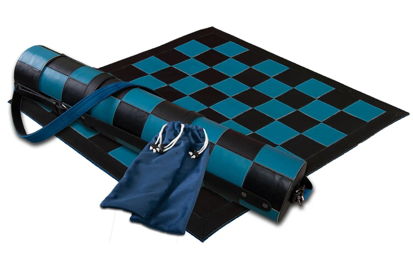 Premium Leather Chess Board and Storage Quiver - 2.25" Squares - Blue