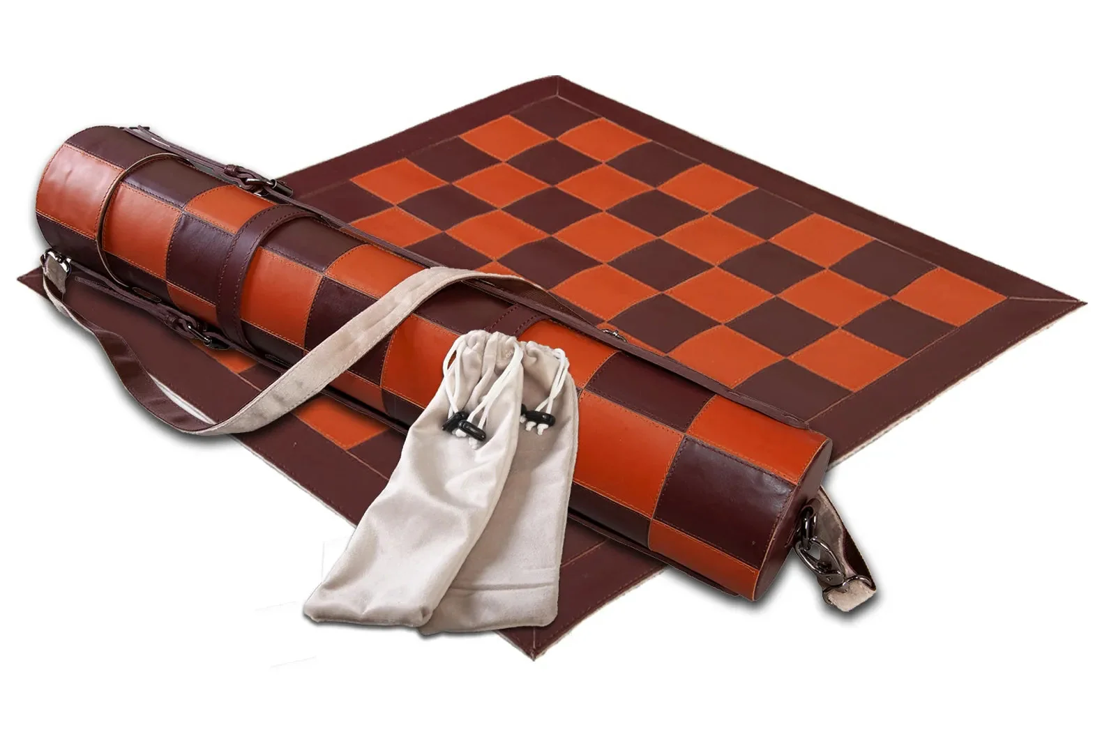 Premium Leather Chess Board and Storage Quiver - 2.25" Squares - Brown