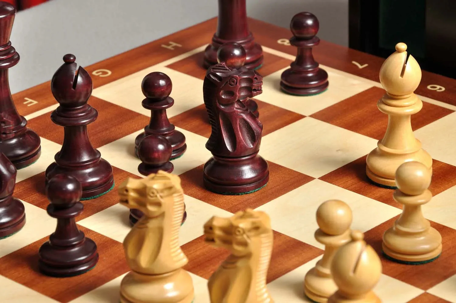 The Gilded Grandmaster Chess Set, Box, & Board Combination - 3.25" King - Purpleheart Gilded & Boxwood - Image 6