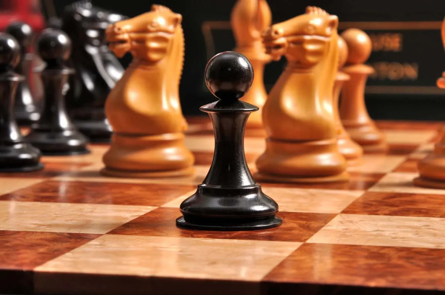 The Golden Collector Series Luxury Chess Set, Box, & Board Combination - 4.4" King - Antiqued Boxwood & Genuine Ebony - Image 2