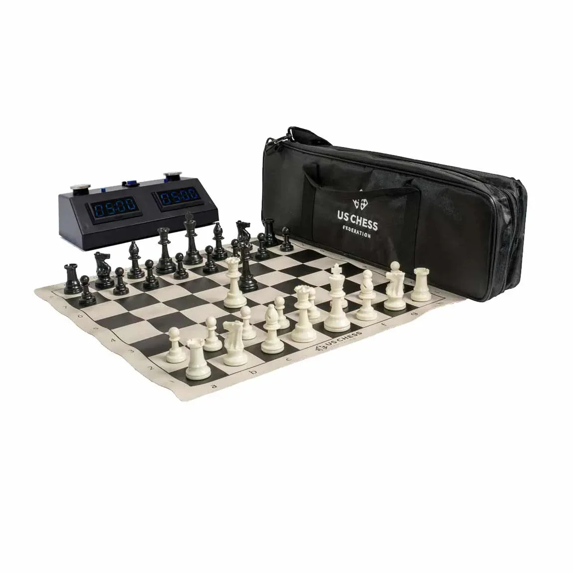 US Chess Federation Supreme Triple Weighted Chess Set Combo Plus Zmart (ZMF-II) Digital Chess & Game Clock Tournament or Scholastic Bundle - Black
