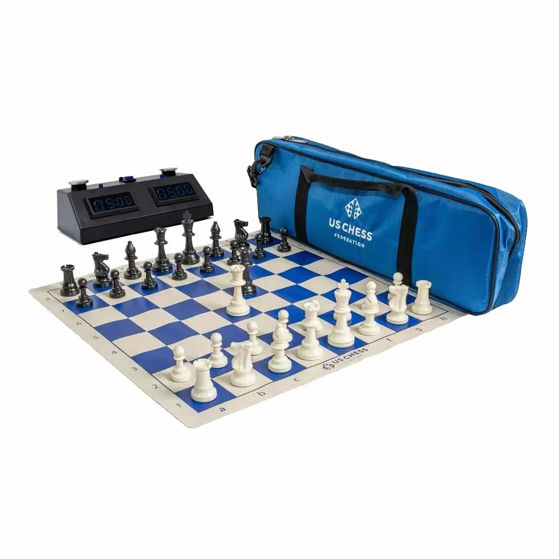 US Chess Federation Supreme Triple Weighted Chess Set Combo Plus Zmart (ZMF-II) Digital Chess & Game Clock Tournament or Scholastic Bundle - Blue
