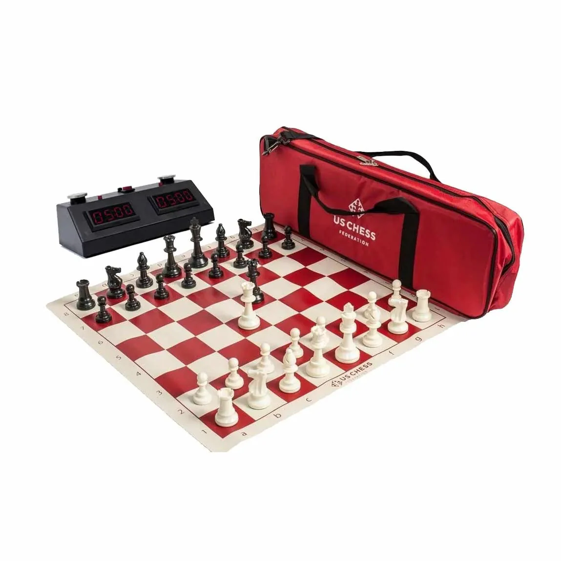 US Chess Federation Supreme Triple Weighted Chess Set Combo Plus Zmart (ZMF-II) Digital Chess & Game Clock Tournament or Scholastic Bundle - Red