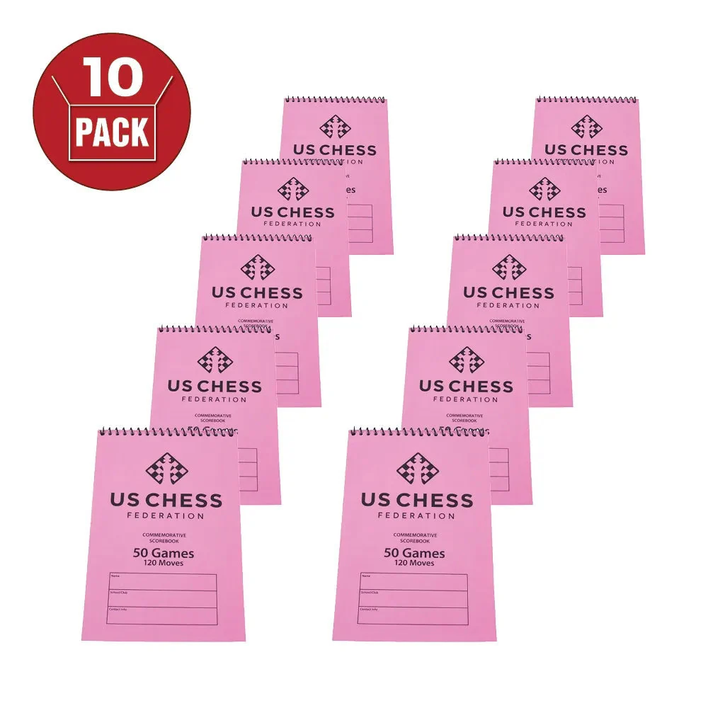 US Chess Federation's Commemorative Spiral Chess Scorebook - PINK - (120 Moves/Game) (10 Pack)