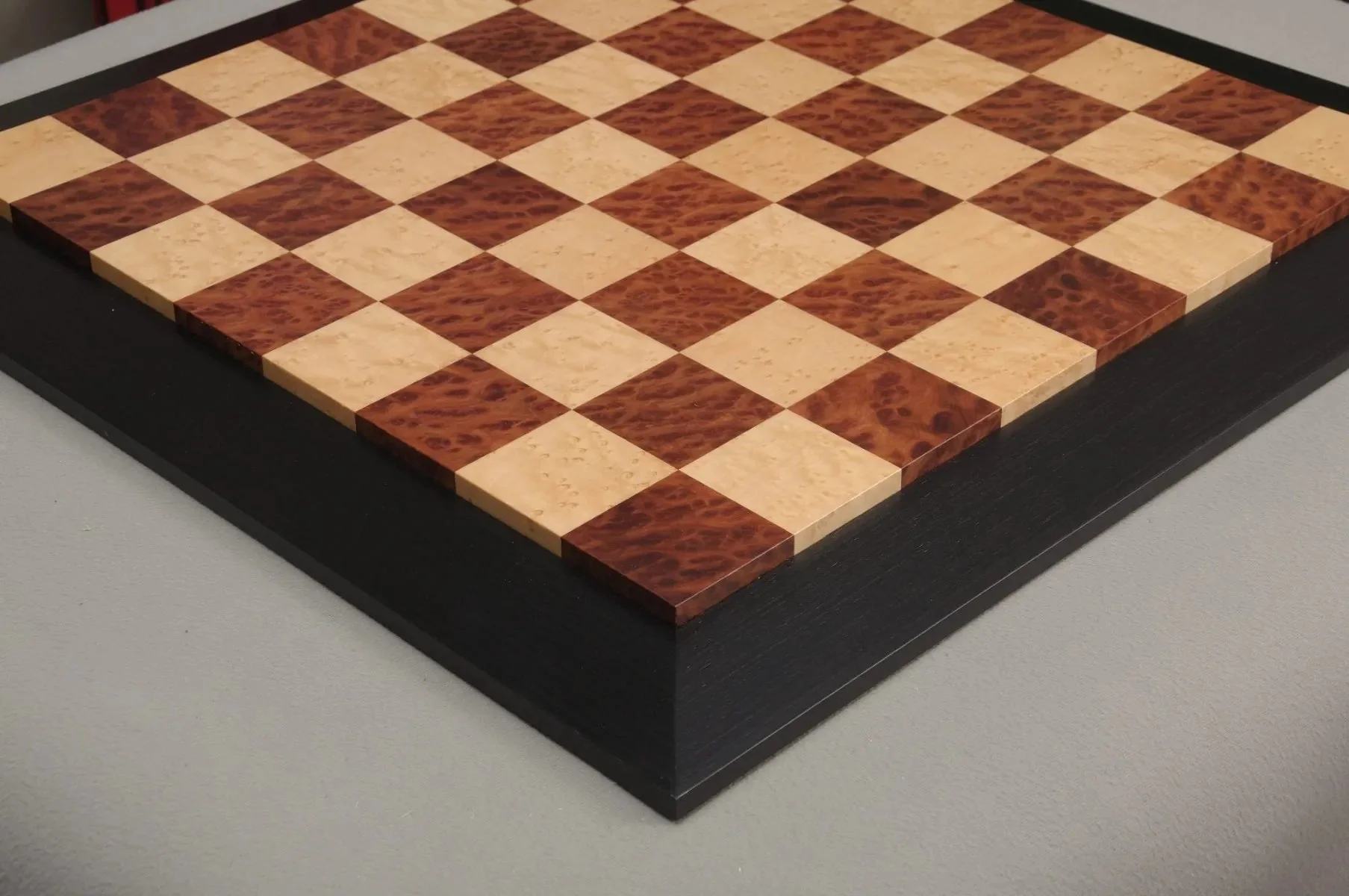 Vavona Burl, Genuine Ebony & Bird's Eye Maple Custom Contemporary II Chess Board